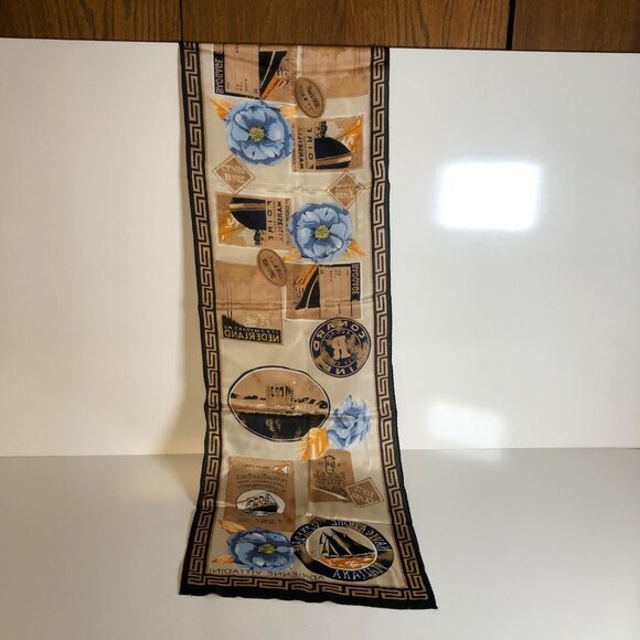Adrienne Vittadini Silk Scarf Beige Blue Floral Cruise Travel Japan 11in x 52in - Picture 4 of 7